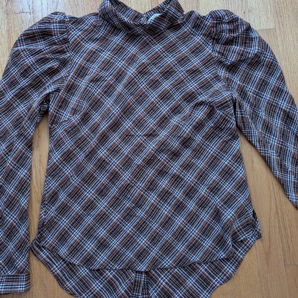 Veronica Beard Isabel Plaid Brown Puff Sleeve Button Back Blouse Size 8 - Picture 3 of 11